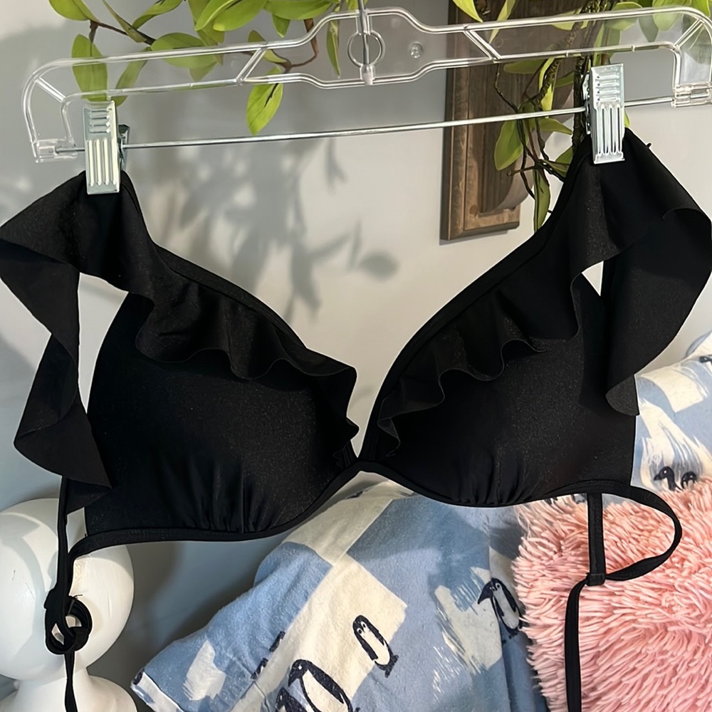 Black Ruffled Bikini Swimsuit Top Womens Large